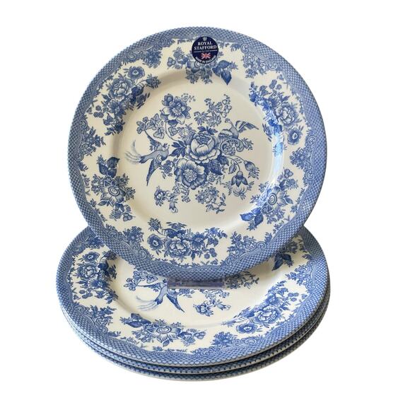 Royal Stafford Asiatic Pheasant 11in Dinner Plates Blue & White Set of 4 NEW - Picture 1 of 10